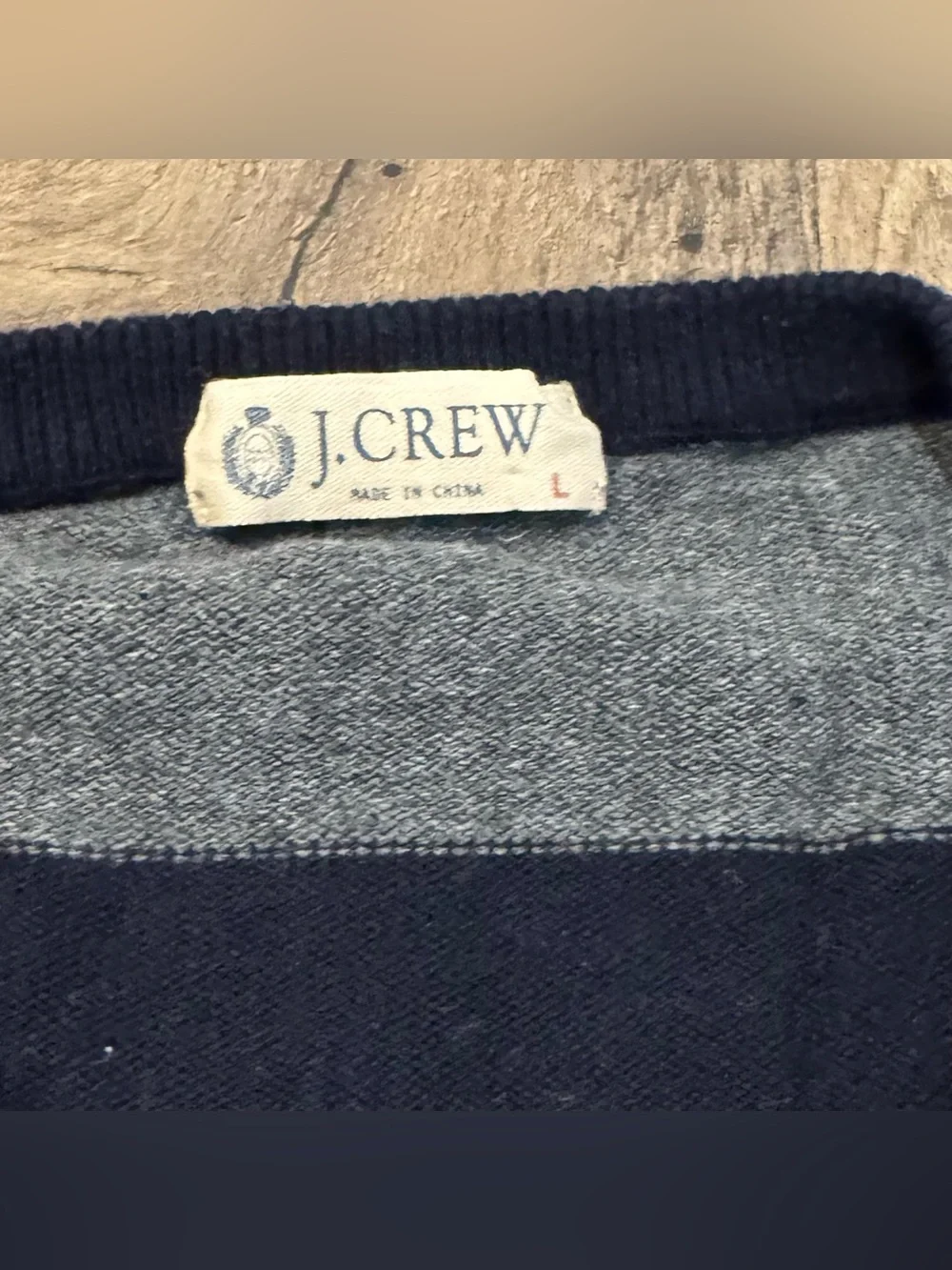 EUC J. Crew Men's Wide-Stripe Crewneck Sweater - Navy and Gray - Large